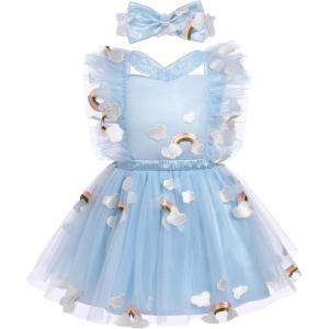 imageIDOPIP Baby Girls Sequin Strawberry Cherry Tutu Dress Summer Backless Lace Princess Birthday Party Dress with Headband OutfitBlue Cloud