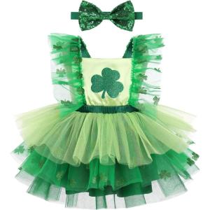 imageIDOPIP Baby Girls Sequin Strawberry Cherry Tutu Dress Summer Backless Lace Princess Birthday Party Dress with Headband OutfitGreen Clover