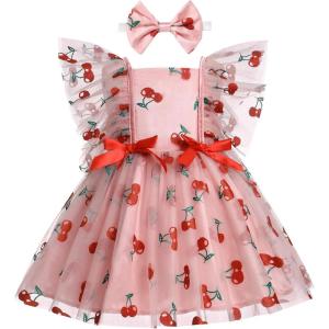 imageIDOPIP Baby Girls Sequin Strawberry Cherry Tutu Dress Summer Backless Lace Princess Birthday Party Dress with Headband OutfitPink Cherry
