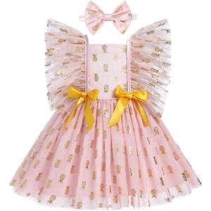 imageIDOPIP Baby Girls Sequin Strawberry Cherry Tutu Dress Summer Backless Lace Princess Birthday Party Dress with Headband OutfitPink Pineapple