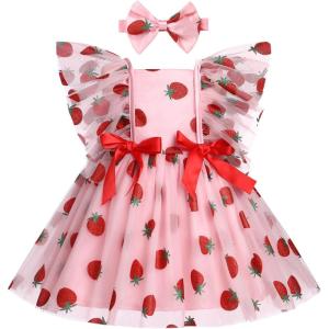 imageIDOPIP Baby Girls Sequin Strawberry Cherry Tutu Dress Summer Backless Lace Princess Birthday Party Dress with Headband OutfitPink Strawberry