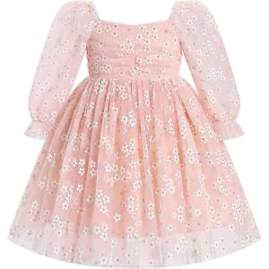 imageIDOPIP Toddler Baby Girls Dresses Long Puff Sleeve Pageant Mesh Tutu Dress Infant Wedding Baptism Photo Shoot Tulle DressFloral Print