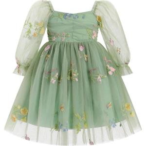 imageIDOPIP Toddler Baby Girls Dresses Long Puff Sleeve Pageant Mesh Tutu Dress Infant Wedding Baptism Photo Shoot Tulle DressGreen