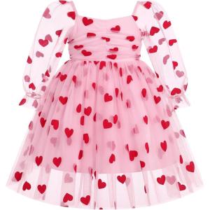 imageIDOPIP Toddler Baby Girls Dresses Long Puff Sleeve Pageant Mesh Tutu Dress Infant Wedding Baptism Photo Shoot Tulle DressPink Heart