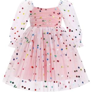 imageIDOPIP Toddler Baby Girls Dresses Long Puff Sleeve Pageant Mesh Tutu Dress Infant Wedding Baptism Photo Shoot Tulle DressPolka Dot