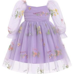 imageIDOPIP Toddler Baby Girls Dresses Long Puff Sleeve Pageant Mesh Tutu Dress Infant Wedding Baptism Photo Shoot Tulle DressPurple Floral