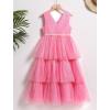 imageIDOPIP Flower Girls Tulle VNeck Bowknot Dress for Kids Long A Line Wedding Pageant Dresses Princess Birthday Party Ball GownPink