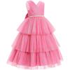 imageIDOPIP Flower Girls Tulle VNeck Bowknot Dress for Kids Long A Line Wedding Pageant Dresses Princess Birthday Party Ball GownPink