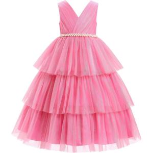 imageIDOPIP Flower Girls Tulle VNeck Bowknot Dress for Kids Long A Line Wedding Pageant Dresses Princess Birthday Party Ball GownPink
