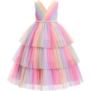 imageIDOPIP Flower Girls Tulle VNeck Bowknot Dress for Kids Long A Line Wedding Pageant Dresses Princess Birthday Party Ball GownPink Rainbow