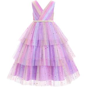 imageIDOPIP Flower Girls Tulle VNeck Bowknot Dress for Kids Long A Line Wedding Pageant Dresses Princess Birthday Party Ball GownPurple