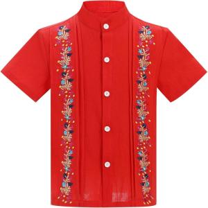 imageIDOPIP Mexican Shirts for Boys Guayabera Shirts Traditional Embroidered Mexico Shirt Kids Short Sleeve Button Down TShirtsRed