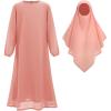 imageIDOPIP Muslim Dress for Girls Islamic Prayer Abaya Long Sleeve Chiffon Kaftan Robe Dresses with Hijab Ramadan Dubai OutfitsPink