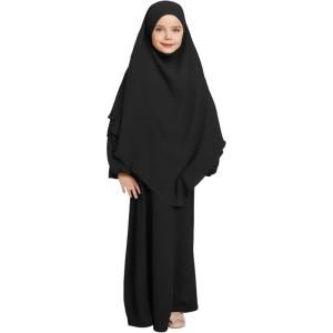 imageIDOPIP Muslim Dress for Girls Islamic Prayer Abaya Long Sleeve Chiffon Kaftan Robe Dresses with Hijab Ramadan Dubai OutfitsBlack