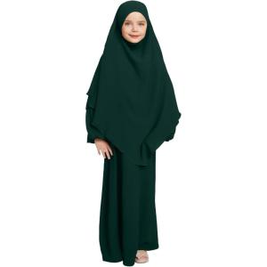 imageIDOPIP Muslim Dress for Girls Islamic Prayer Abaya Long Sleeve Chiffon Kaftan Robe Dresses with Hijab Ramadan Dubai OutfitsGreen