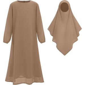 imageIDOPIP Muslim Dress for Girls Islamic Prayer Abaya Long Sleeve Chiffon Kaftan Robe Dresses with Hijab Ramadan Dubai OutfitsKhaki