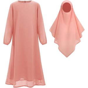 imageIDOPIP Muslim Dress for Girls Islamic Prayer Abaya Long Sleeve Chiffon Kaftan Robe Dresses with Hijab Ramadan Dubai OutfitsPink