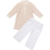 imageIDOPIP Muslim Baby Boys Outfits Embroidered Ramadan Eid Thobe Robe with Pants Long Sleeve Arabic Islamic Kaftan Abaya ClothesApricot  White