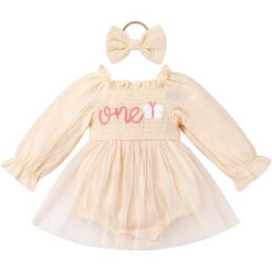 imageIDOPIP Baby Girls Strawberry Butterfly 1st Birthday Outfit Berry One Romper Smocked Ruffle Tutu Dress with Headband ClothesApricot