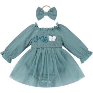 imageIDOPIP Baby Girls Strawberry Butterfly 1st Birthday Outfit Berry One Romper Smocked Ruffle Tutu Dress with Headband ClothesPeacock Blue