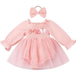 imageIDOPIP Baby Girls Strawberry Butterfly 1st Birthday Outfit Berry One Romper Smocked Ruffle Tutu Dress with Headband ClothesPink