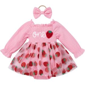 imageIDOPIP Baby Girls Strawberry Butterfly 1st Birthday Outfit Berry One Romper Smocked Ruffle Tutu Dress with Headband ClothesPink Strawberry