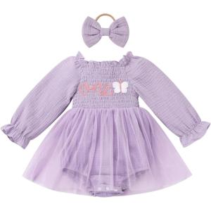imageIDOPIP Baby Girls Strawberry Butterfly 1st Birthday Outfit Berry One Romper Smocked Ruffle Tutu Dress with Headband ClothesPurple