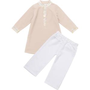 imageIDOPIP Muslim Baby Boys Outfits Embroidered Ramadan Eid Thobe Robe with Pants Long Sleeve Arabic Islamic Kaftan Abaya ClothesApricot  White