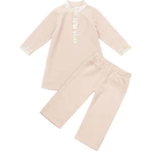 imageIDOPIP Muslim Baby Boys Outfits Embroidered Ramadan Eid Thobe Robe with Pants Long Sleeve Arabic Islamic Kaftan Abaya ClothesApricot