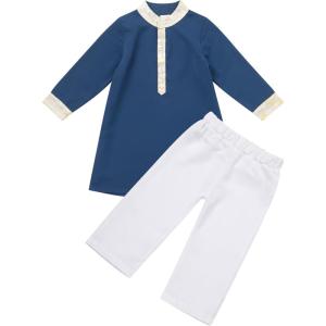 imageIDOPIP Muslim Baby Boys Outfits Embroidered Ramadan Eid Thobe Robe with Pants Long Sleeve Arabic Islamic Kaftan Abaya ClothesNavy Blue  White