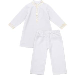 imageIDOPIP Muslim Baby Boys Outfits Embroidered Ramadan Eid Thobe Robe with Pants Long Sleeve Arabic Islamic Kaftan Abaya ClothesWhite