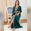 imageIDOPIP Muslim Women Velvet Dress Embroidery Abayas Long Sleeve VNeck Moroccan Maxi Kaftan Dubai Robe Arabic Islamic ClothingDark Green