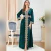 imageIDOPIP Muslim Women Velvet Dress Embroidery Abayas Long Sleeve VNeck Moroccan Maxi Kaftan Dubai Robe Arabic Islamic ClothingDark Green