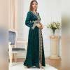 imageIDOPIP Muslim Women Velvet Dress Embroidery Abayas Long Sleeve VNeck Moroccan Maxi Kaftan Dubai Robe Arabic Islamic ClothingDark Green