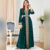 imageIDOPIP Muslim Women Velvet Dress Embroidery Abayas Long Sleeve VNeck Moroccan Maxi Kaftan Dubai Robe Arabic Islamic ClothingDark Green