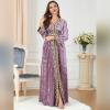 imageIDOPIP Muslim Women Velvet Dress Embroidery Abayas Long Sleeve VNeck Moroccan Maxi Kaftan Dubai Robe Arabic Islamic ClothingLight Purple