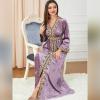 imageIDOPIP Muslim Women Velvet Dress Embroidery Abayas Long Sleeve VNeck Moroccan Maxi Kaftan Dubai Robe Arabic Islamic ClothingLight Purple