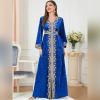 imageIDOPIP Muslim Women Velvet Dress Embroidery Abayas Long Sleeve VNeck Moroccan Maxi Kaftan Dubai Robe Arabic Islamic ClothingRoyal Blue