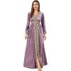 imageIDOPIP Muslim Women Velvet Dress Embroidery Abayas Long Sleeve VNeck Moroccan Maxi Kaftan Dubai Robe Arabic Islamic ClothingLight Purple