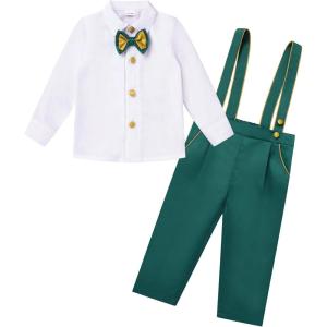 imageIDOPIP Baptism Christening Outfits for Boys Toddler Baby Wedding Birthday Outfit Gentleman Bowtie Shirt Suspenders Pants SuitGreen