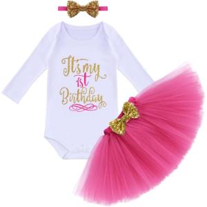 imageBaby Girl First Birthday Clothes 1st Crown RomperRuffle Tulle SkirtBow Headband 3PCS Party Dress Set Smash Cake OutfitPink   White