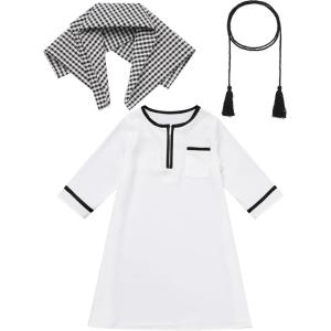 imageIDOPIP Muslim Baby Boys Prayer Clothes Kaftan Thobe Arabic Islamic Abaya Dubai Robe with Head Scarf  Rope Ramadan Eid OutfitWhite  Black