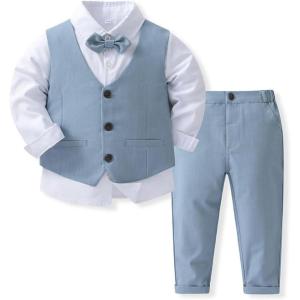imageIDOPIP Toddler Kids Baby Boys Formal Suit Gentleman Outfit Long Sleeve Shirt with Bowtie  Vest  Pants Overalls Clothes 28TBlue  Vest