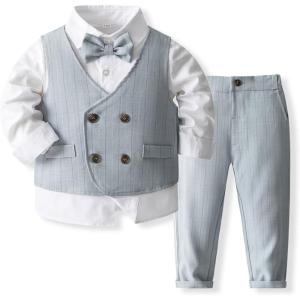 imageIDOPIP Toddler Kids Baby Boys Formal Suit Gentleman Outfit Long Sleeve Shirt with Bowtie  Vest  Pants Overalls Clothes 28TBlue