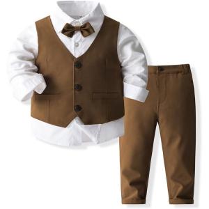 imageIDOPIP Toddler Kids Baby Boys Formal Suit Gentleman Outfit Long Sleeve Shirt with Bowtie  Vest  Pants Overalls Clothes 28TBrown  Vest