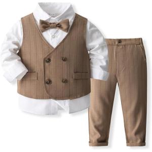 imageIDOPIP Toddler Kids Baby Boys Formal Suit Gentleman Outfit Long Sleeve Shirt with Bowtie  Vest  Pants Overalls Clothes 28TBrown