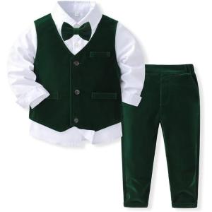 imageIDOPIP Toddler Kids Baby Boys Formal Suit Gentleman Outfit Long Sleeve Shirt with Bowtie  Vest  Pants Overalls Clothes 28TDark Green  Vest