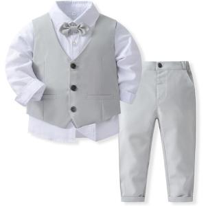 imageIDOPIP Toddler Kids Baby Boys Formal Suit Gentleman Outfit Long Sleeve Shirt with Bowtie  Vest  Pants Overalls Clothes 28TGray  Vest