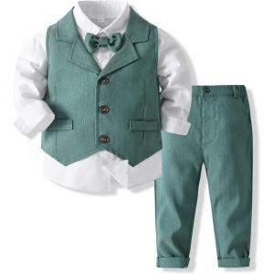 imageIDOPIP Toddler Kids Baby Boys Formal Suit Gentleman Outfit Long Sleeve Shirt with Bowtie  Vest  Pants Overalls Clothes 28TGreen  Vest