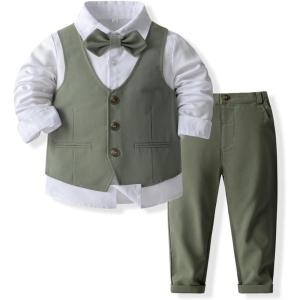 imageIDOPIP Toddler Kids Baby Boys Formal Suit Gentleman Outfit Long Sleeve Shirt with Bowtie  Vest  Pants Overalls Clothes 28TGreen